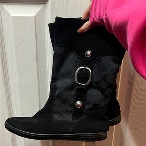 Coach vintage Women's Black Patterned Winter Boots with silver accent authentic